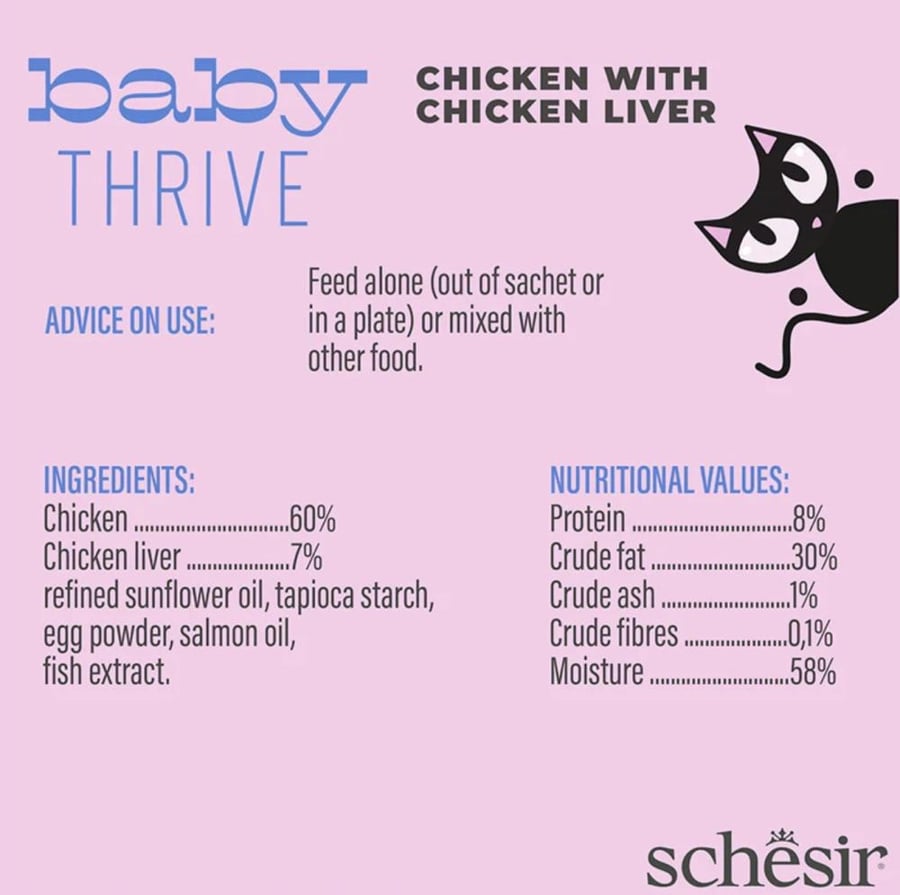شيزر بيبي ثرايف (Schesir Baby Thrive) - مكمل غذائي عالي الطاقة للقطط الصغيرة بالدجاج وكبد الدجاج (20 ظرف × 8 جم)