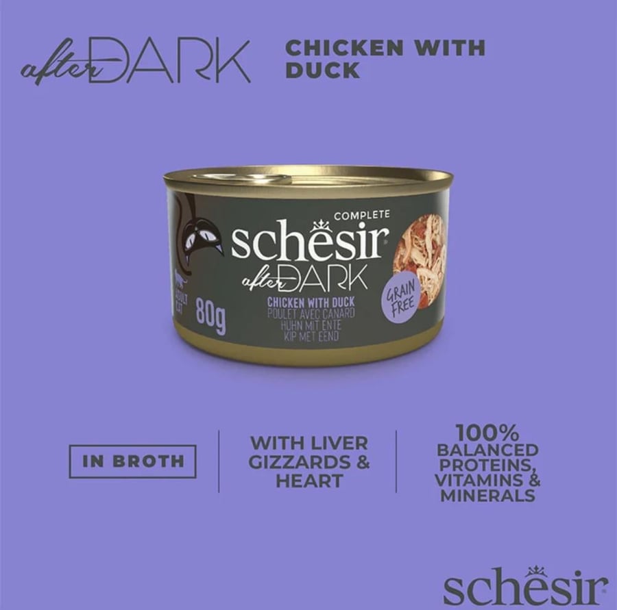 شيزر أفتر دارك (Schesir After Dark) - شرائح الدجاج والبط في المرق للقطط البالغة (80 جم)
