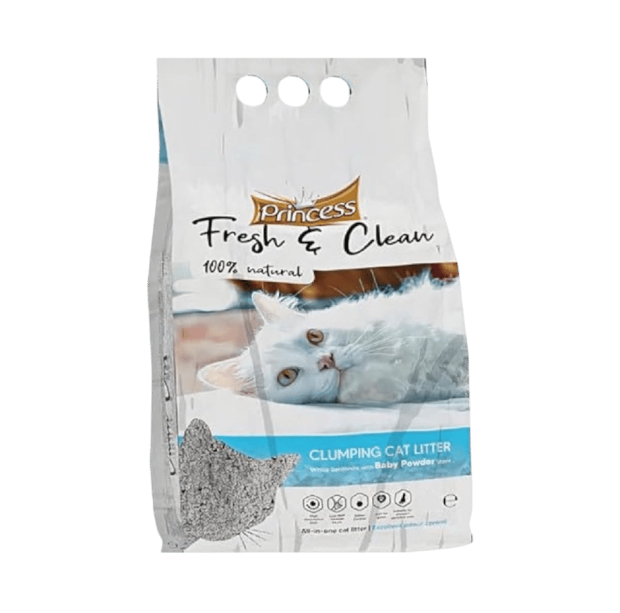 برينسس فريش & كلين (Princess Fresh & Clean) - رمل بنتونيت متكتل للقطط برائحة بودرة الأطفال (10 لتر)