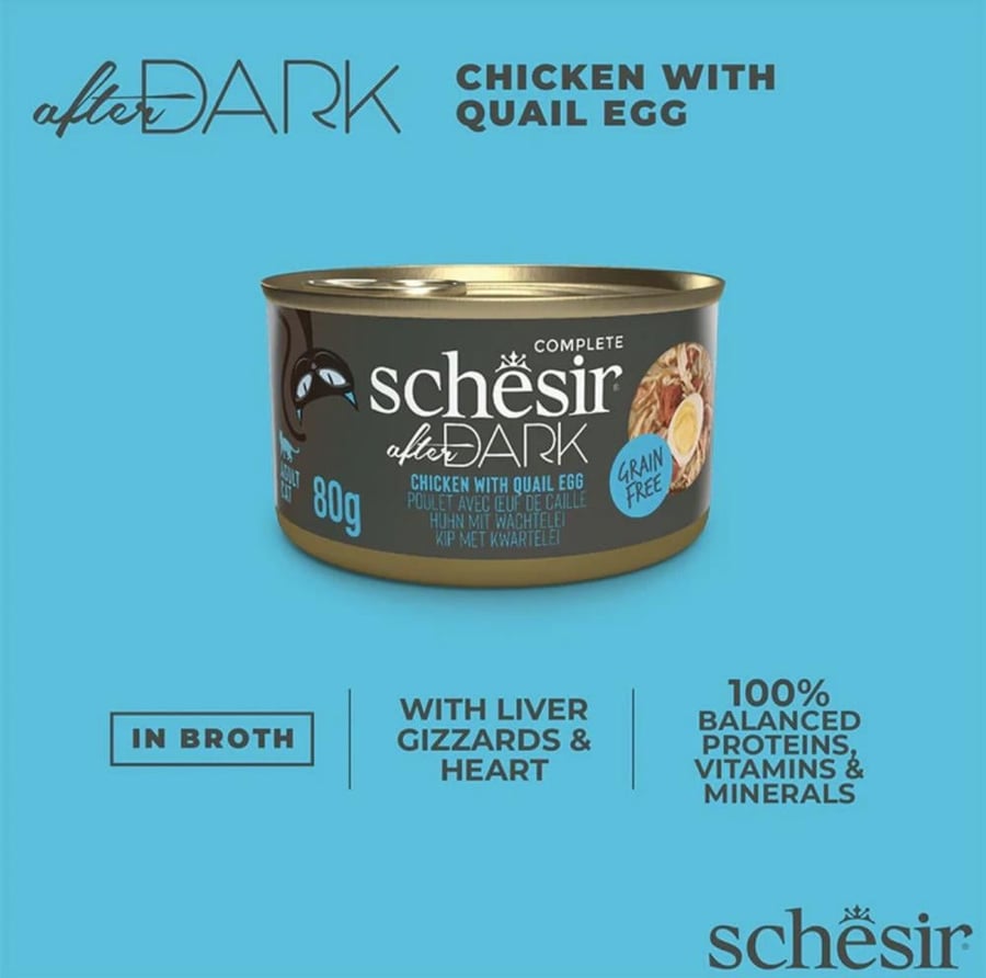 شيزر أفتر دارك (Schesir After Dark) - شرائح الدجاج وبيض السمان في المرق للقطط البالغة (80 جم)