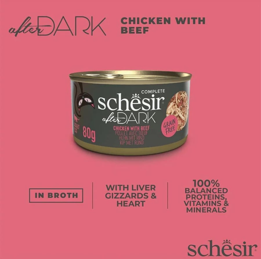 شيزر أفتر دارك (Schesir After Dark) - شرائح الدجاج واللحم البقري في المرق للقطط البالغة (80 جم)