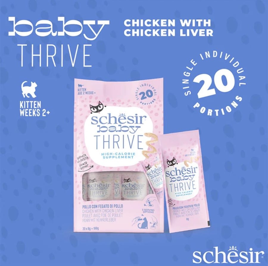 شيزر بيبي ثرايف (Schesir Baby Thrive) - مكمل غذائي عالي الطاقة للقطط الصغيرة بالدجاج وكبد الدجاج (20 ظرف × 8 جم)
