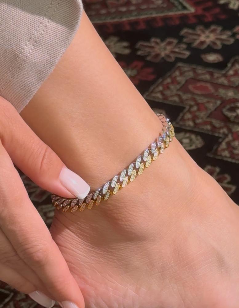 Anklet باللونين الفضي والذهبي  مطلي دبل بالذهب، مرصع بالزركون العالي الجودة
