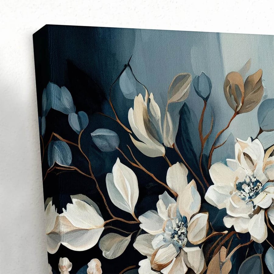 2-Piece Canvas Wall Art Set with 3D Effect – Luxury White Floral on Blue for Majlis & Living Room