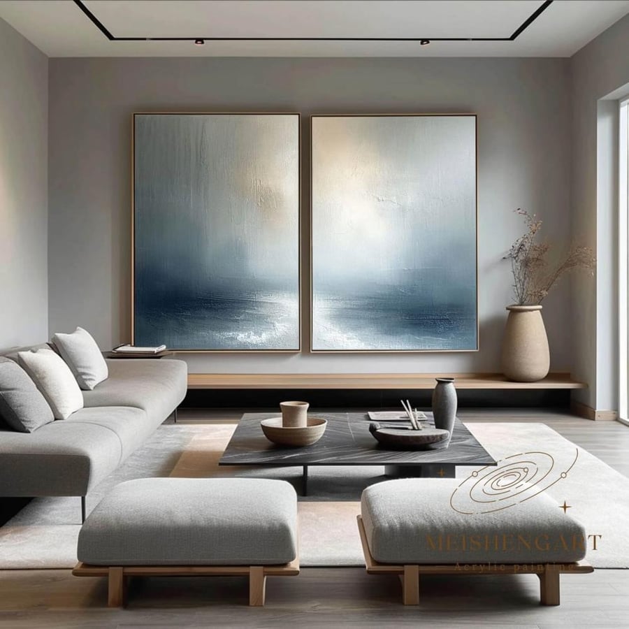 2 Piece Misty Landscape Canvas Set - Calm Oil Style Wall Art in Blue & Gray
