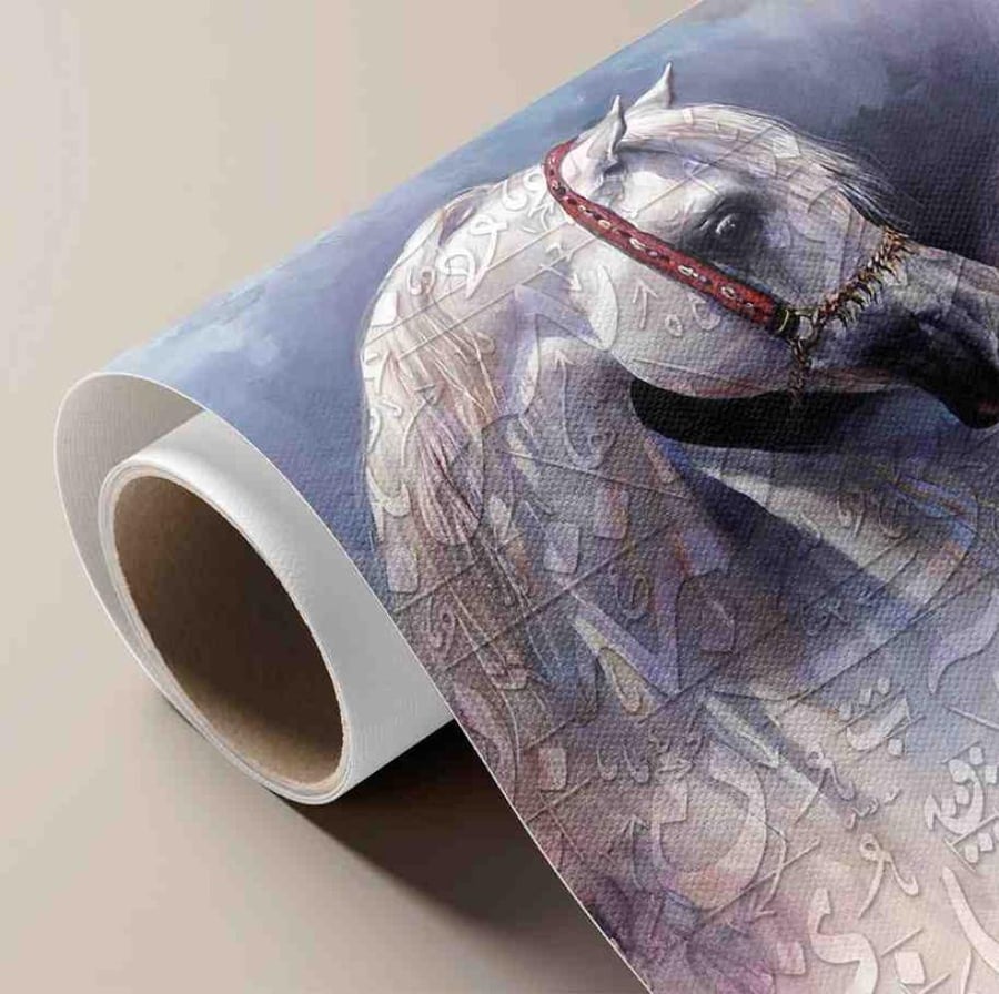 لوحة كانفس ثلاثية الأبعاد خيل أبيض مزخرف بخط فارسي فني
