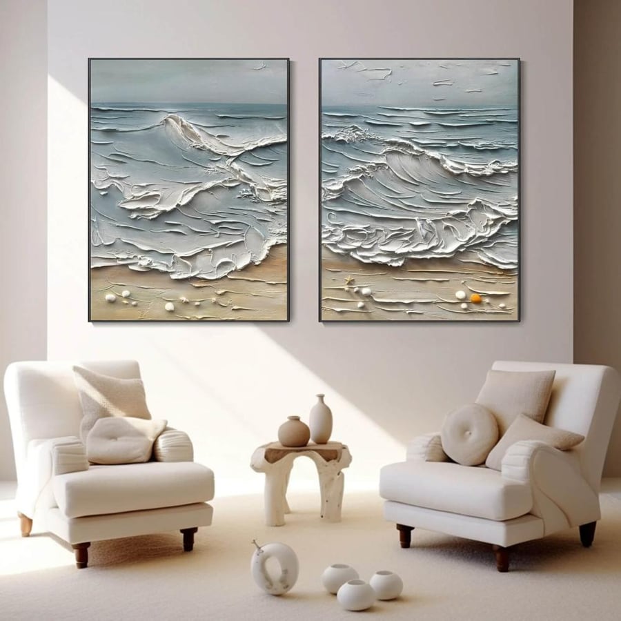 2 Piece Textured Beach Waves Canvas Set - 3D Coastal Wall Art in Blue & Turquoise