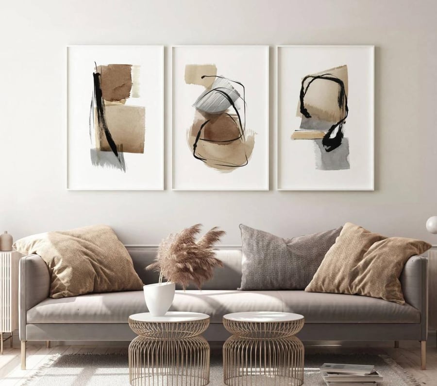3-Piece Canvas Wall Art Set with 3D Effect – Minimal Abstract Black & Beige for Majlis & Living Room