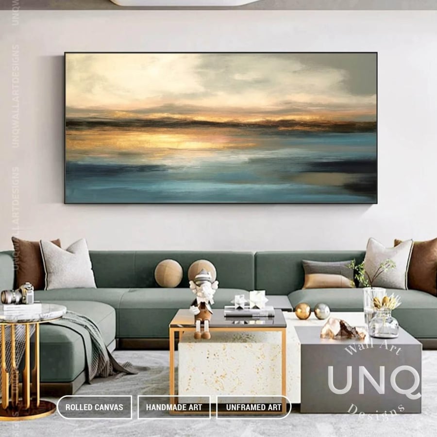 Abstract Horizon Canvas - Oil Style Landscape in Gold & Green Tones
