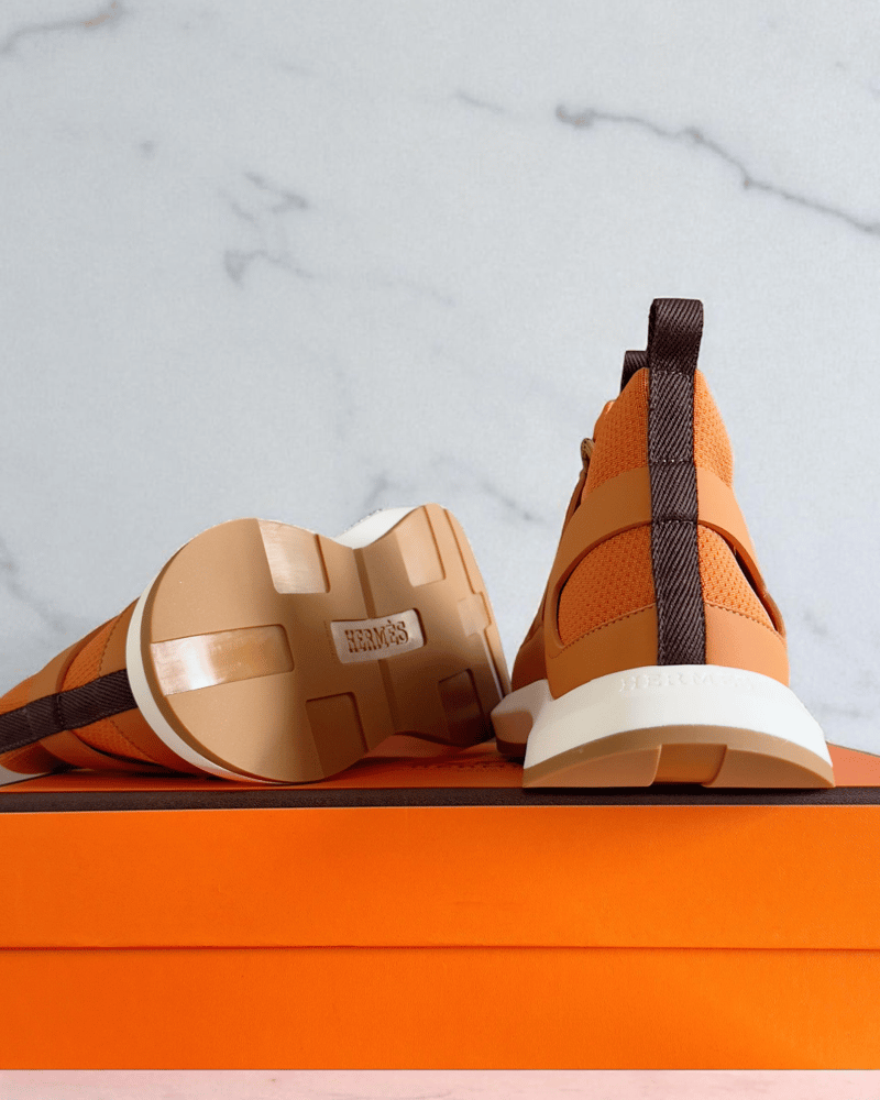 Hermès Katana Sneaker in Orange Calfskin and Knit