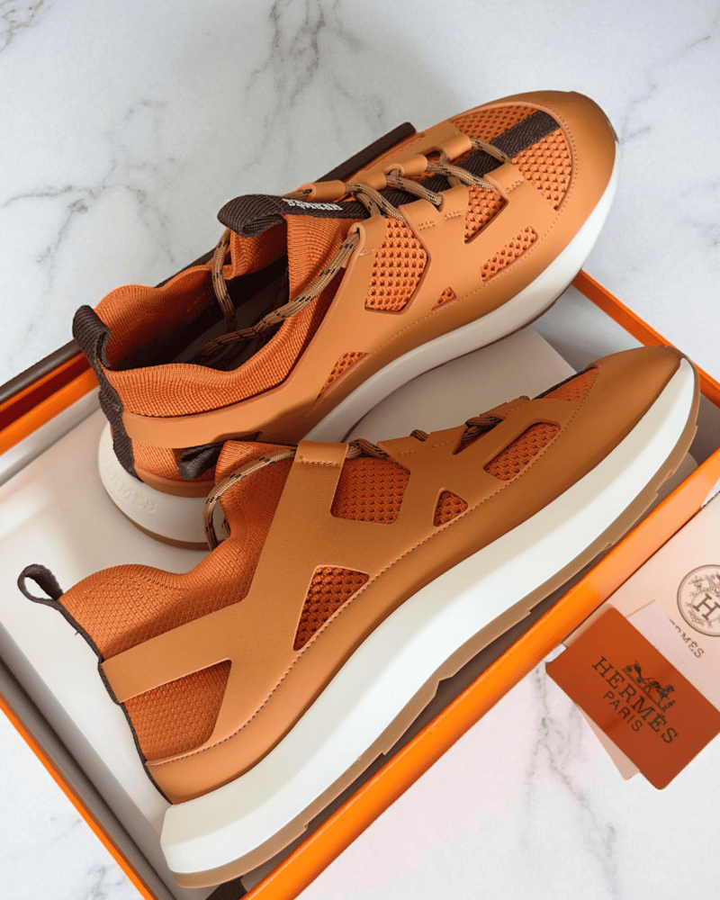 Hermès Katana Sneaker in Orange Calfskin and Knit