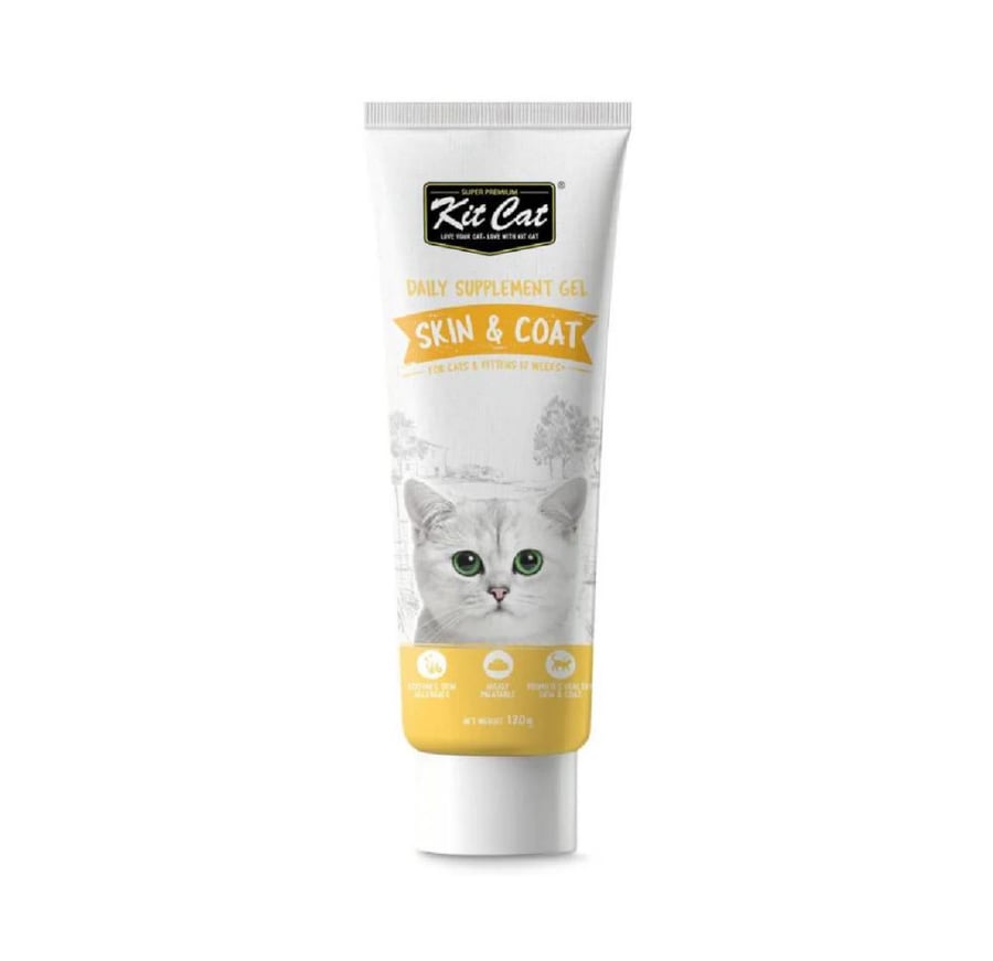 Kit Kat Daily Gel is a dietary supplement to support healthy skin and coat for cats of all sizes, 120g.
