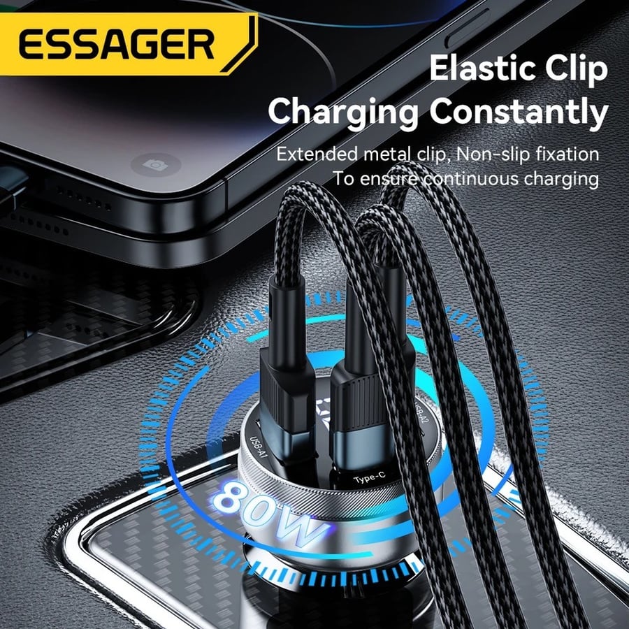 شاحن سيارة 80 واط | ثلاثة منافذ: USB-C + منفذا USB-A بشاشة رقمية