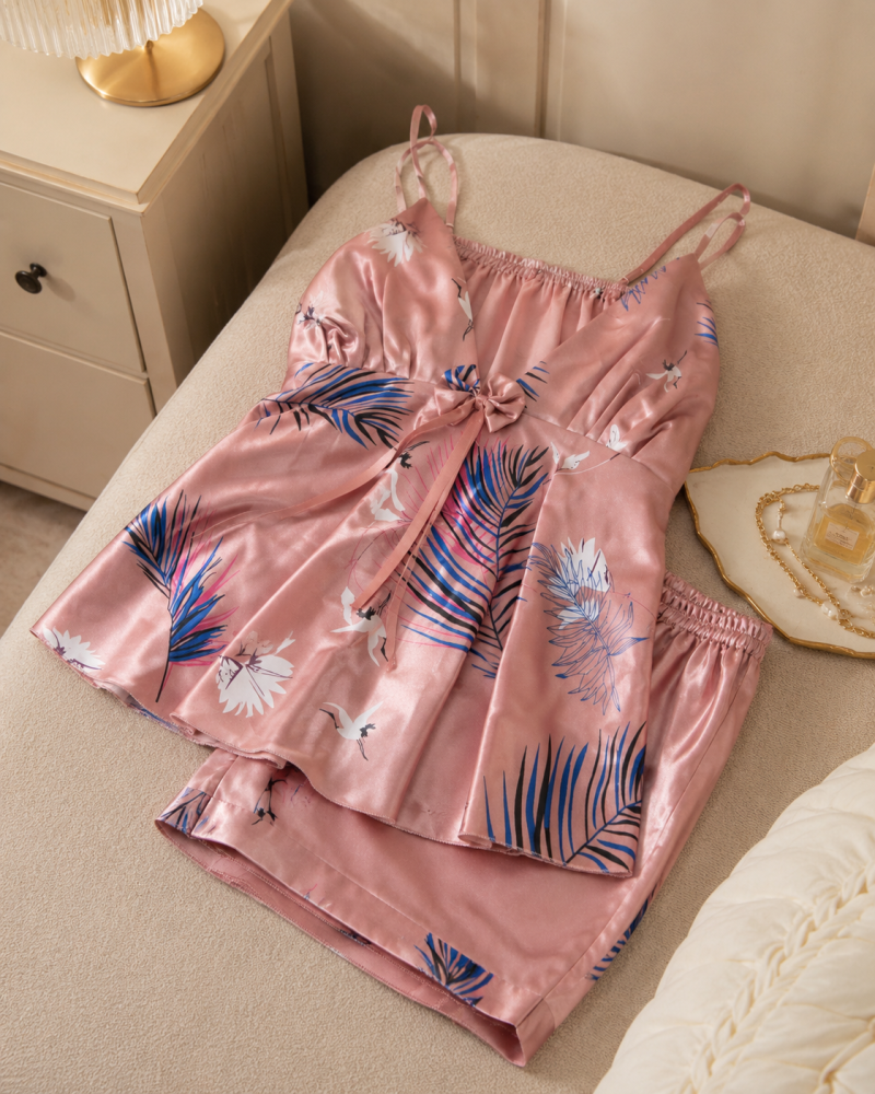 Women’s Pink Satin 2-Piece Sleepwear Set with Cami Top & Shorts