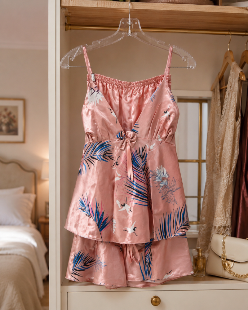 Women’s Pink Satin 2-Piece Sleepwear Set with Cami Top & Shorts