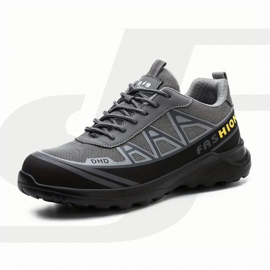 Gray safety shoe reinforced with hard protection plates