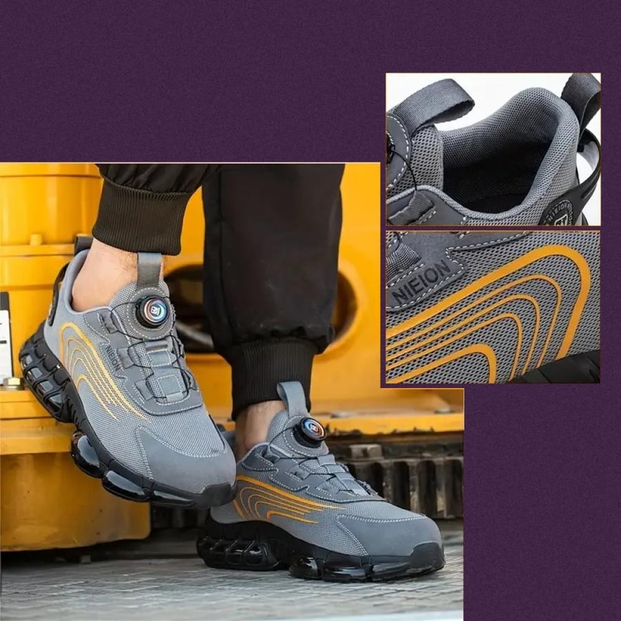 Gray safety shoe reinforced with hard protection plates