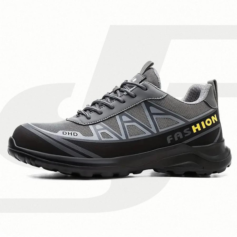 Gray safety shoe reinforced with hard protection plates