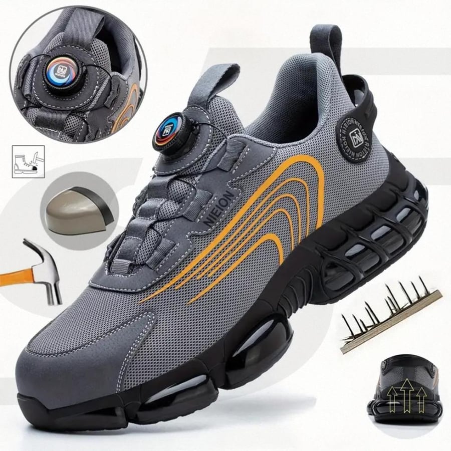Gray safety shoe reinforced with hard protection plates