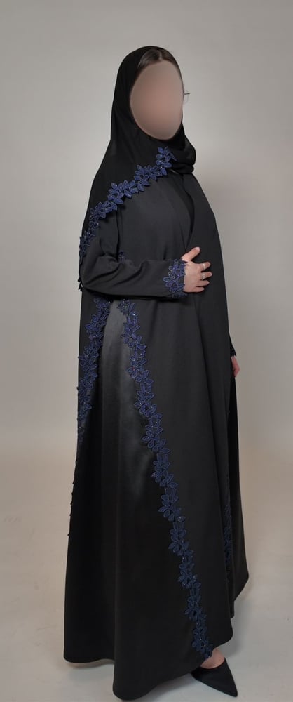 Raghad winter abaya, royal crepe, black with khaki-colored embroidery and satin accents