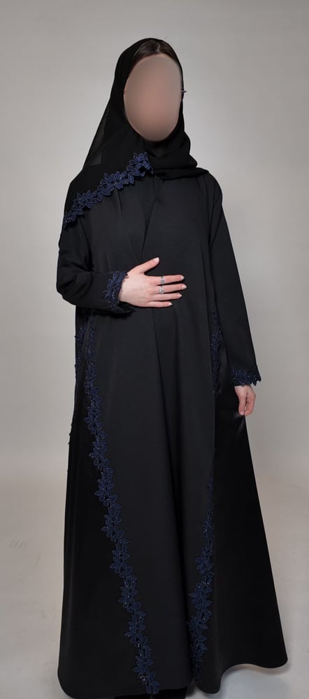 Raghad winter abaya, royal crepe, black with khaki-colored embroidery and satin accents