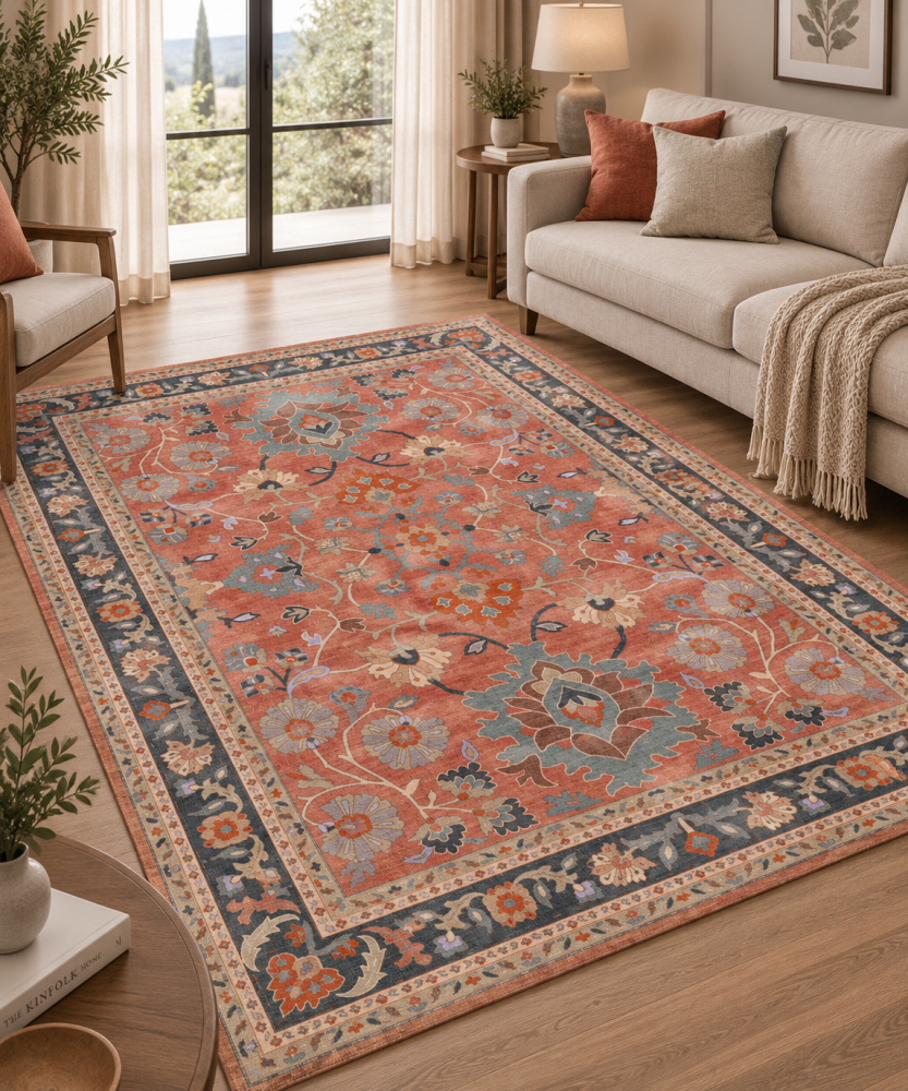 Jouri Classic Rug with Coral Red and Navy Touches