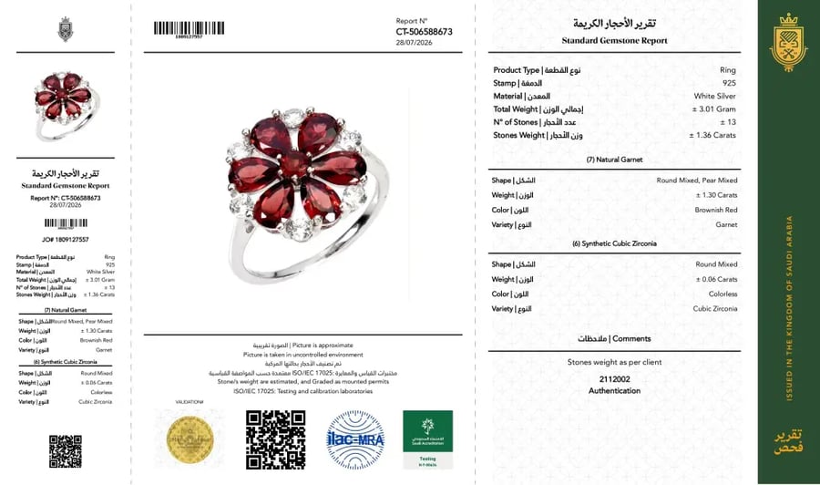 خاتم فضة استرليني عيار 925 تصميم فريد مرصع بحجر السترين الطبيعي موثق بشهادة مختبر سعودي