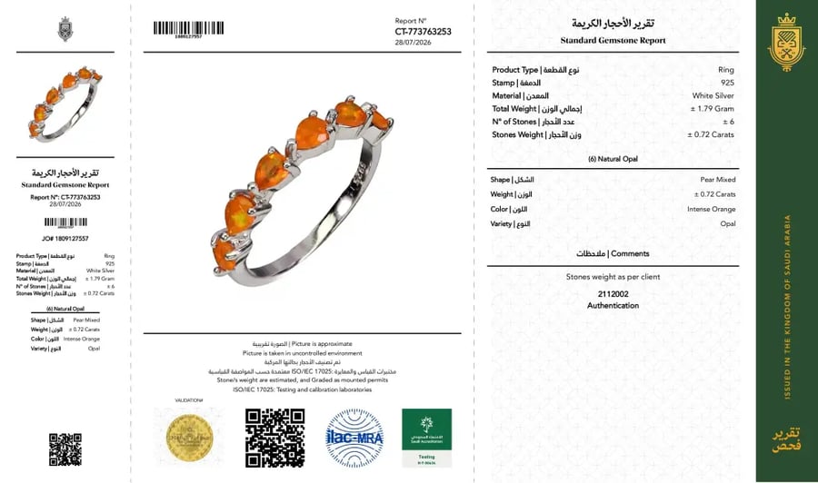 خاتم فضة استرليني عيار 925 تصميم فريد مرصع بحجر السترين الطبيعي موثق بشهادة مختبر سعودي