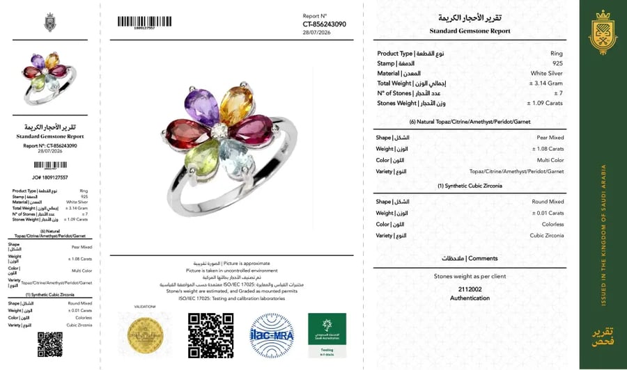 خاتم فضة استرليني عيار 925 تصميم فريد مرصع بحجر السترين الطبيعي موثق بشهادة مختبر سعودي
