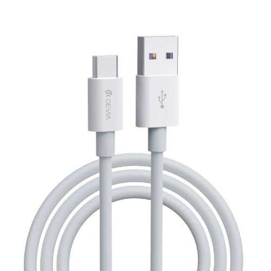 كابل DEVIA EC306 من سلسلة Shark (USB إلى Type-C) يدعم الشحن فائق السرعة، ومتوافق تماماً مع الهواتف التي تدعم الشحن السريع من علامات تجارية مثل: Huawei وOPPO وVIVO وXiaomi وSamsung وغيرها. المواصفات: تيار 5 أمبير، طول 1.5 متر، اللون أبيض.