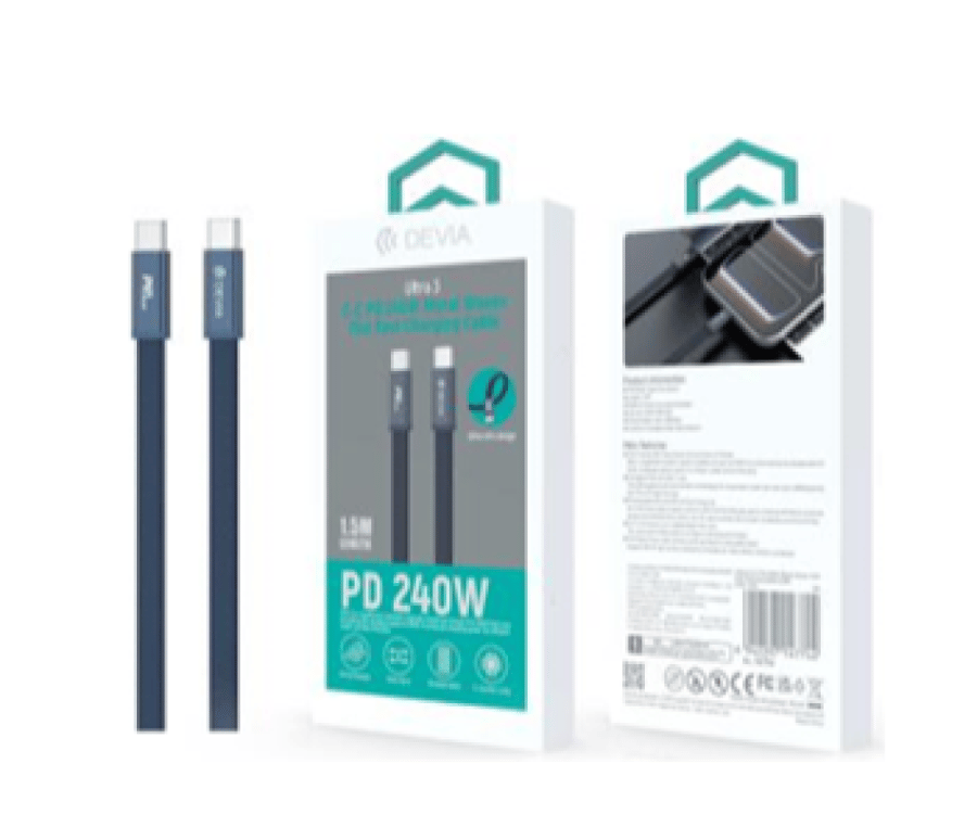 كابل DEVIA Ultra3 PD بقدرة 240 واط (USB-C إلى USB-C)، مسطح ومضفر بمادة معدنية، يدعم الشحن السريع، بطول 1.5 متر - أزرق       EC664