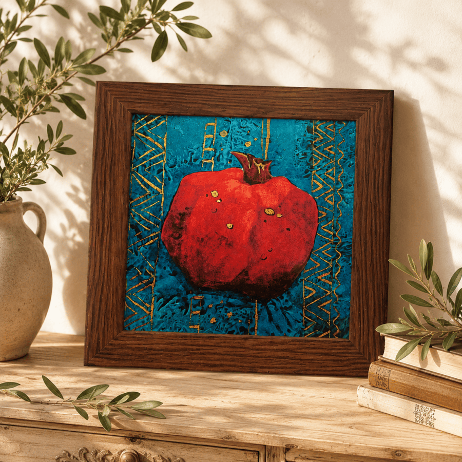 لوحة جدارية حجر فاخرة اطار خشبي ( رمانه ) مقاس 30*30