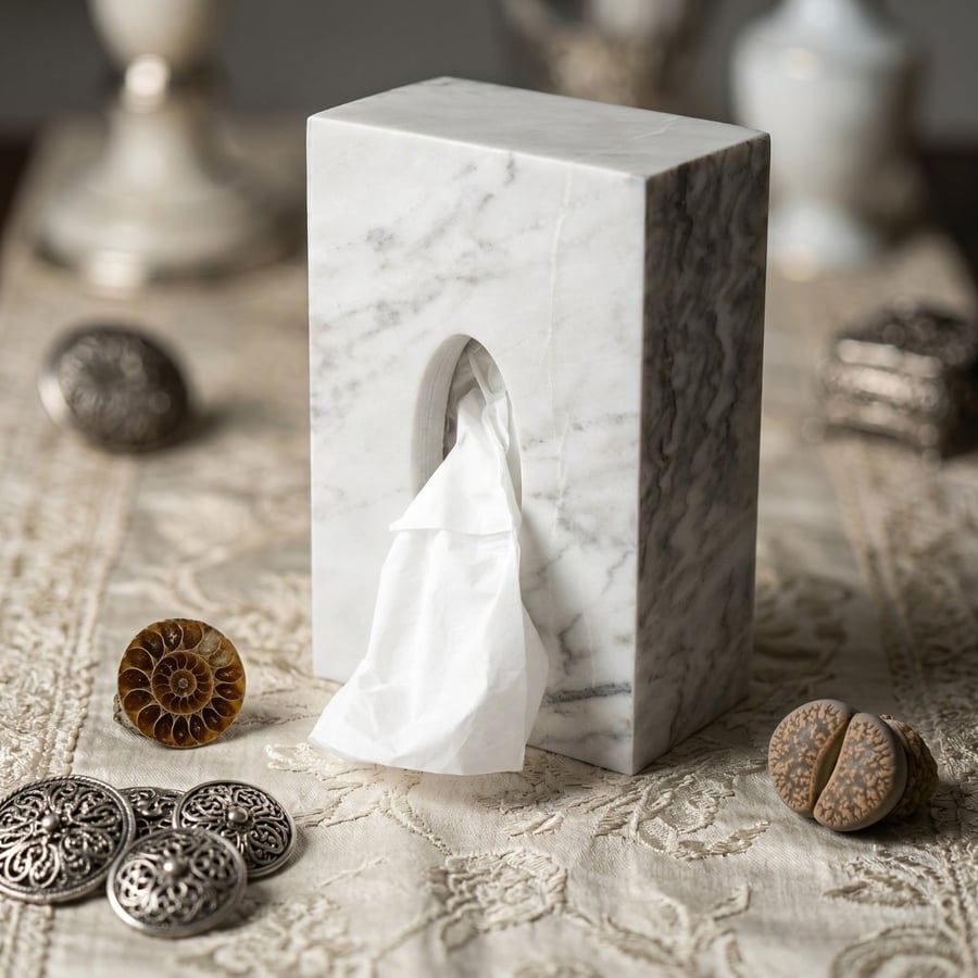 White marble tissue holder – architectural block design