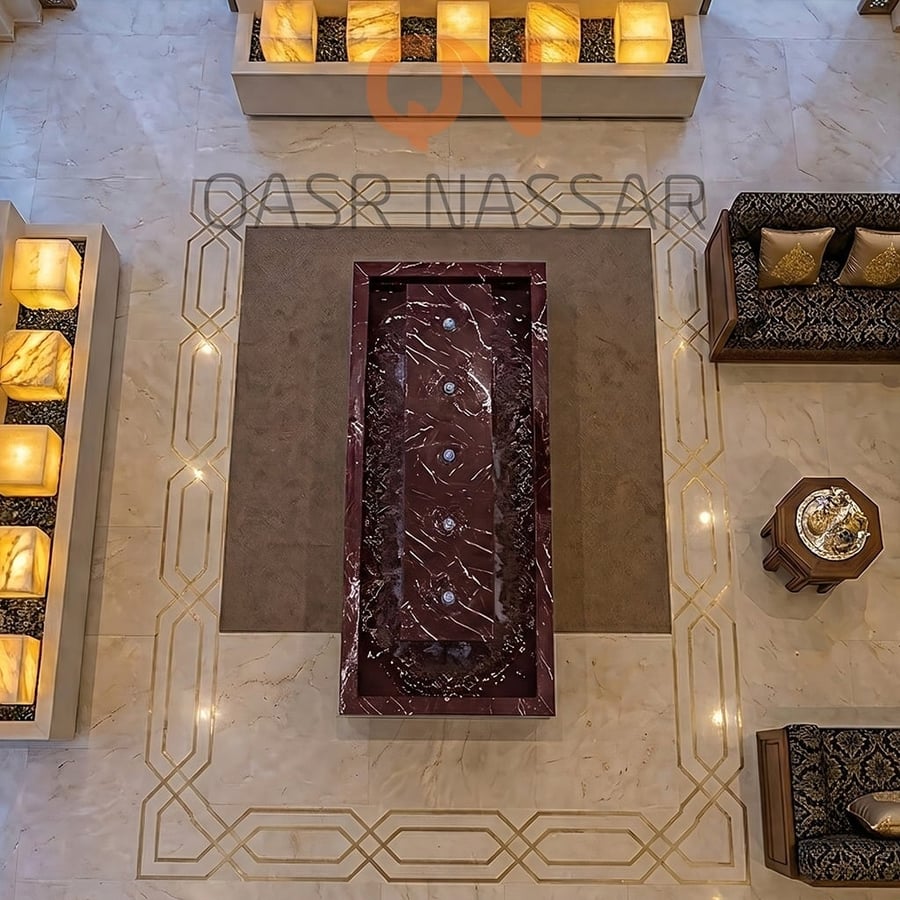 نافورة رخام روسو ليفانتو مستطيلة من الأعلى مع توزيع فتحات المياه