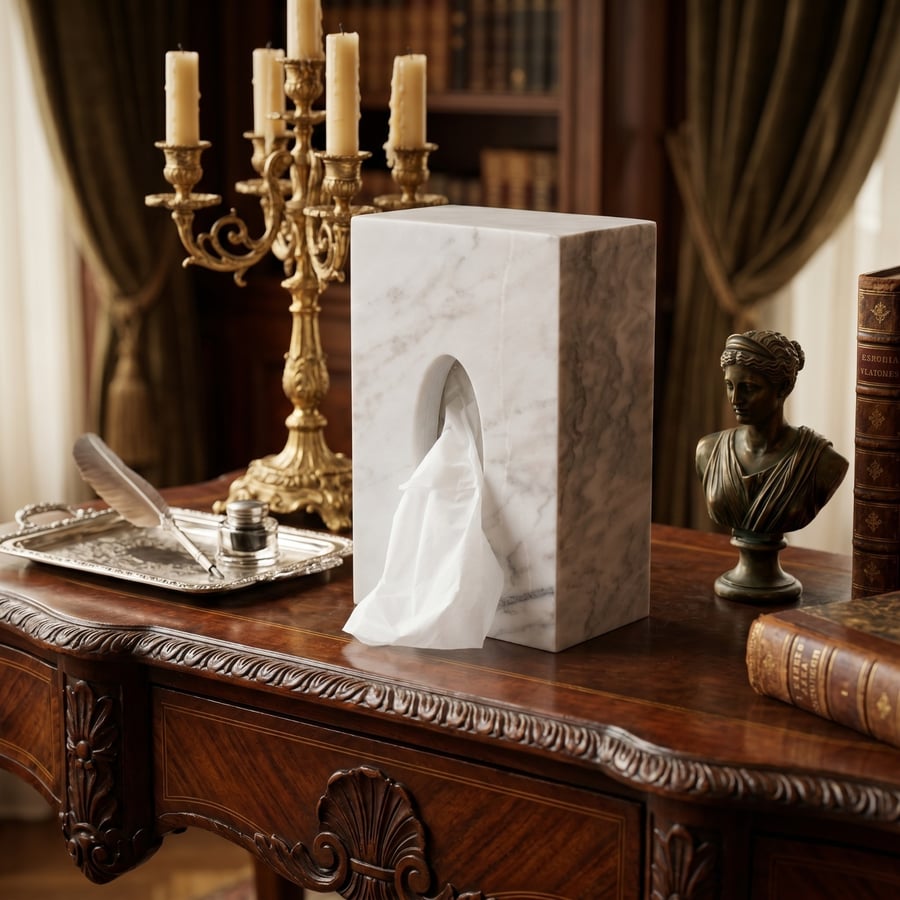 White marble tissue holder – architectural block design