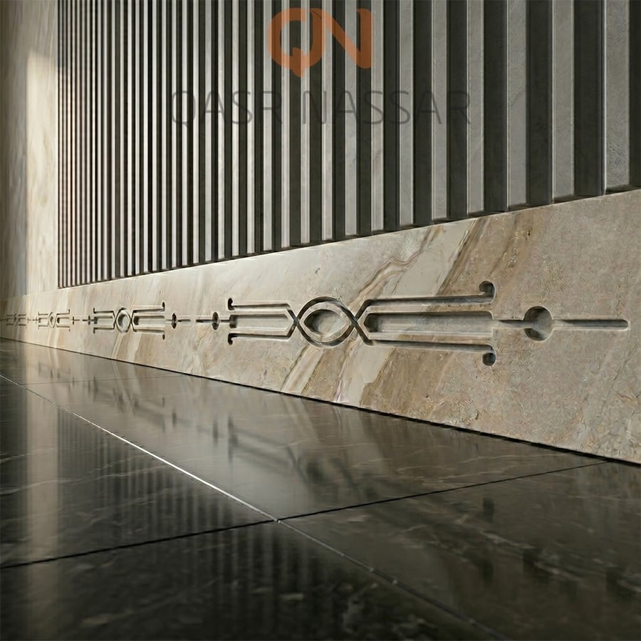 تفاصيل نعلات رخام CNC على الحائط بخطوط هندسية
