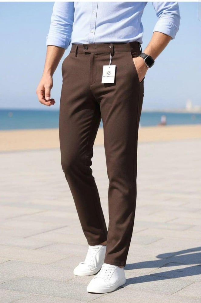 بنطلون رجالي كاكي Slim Fit من الليكرا | بطول الكاحل مع جيوب جانبية