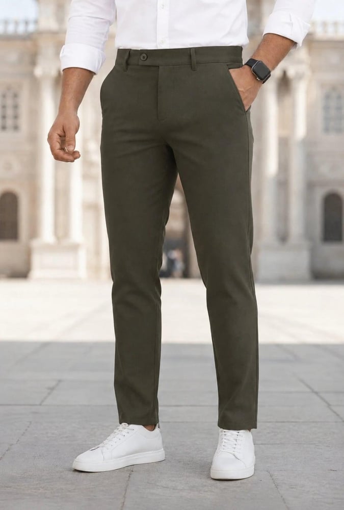 بنطلون رجالي كاكي Slim Fit من الليكرا | بطول الكاحل مع جيوب جانبية