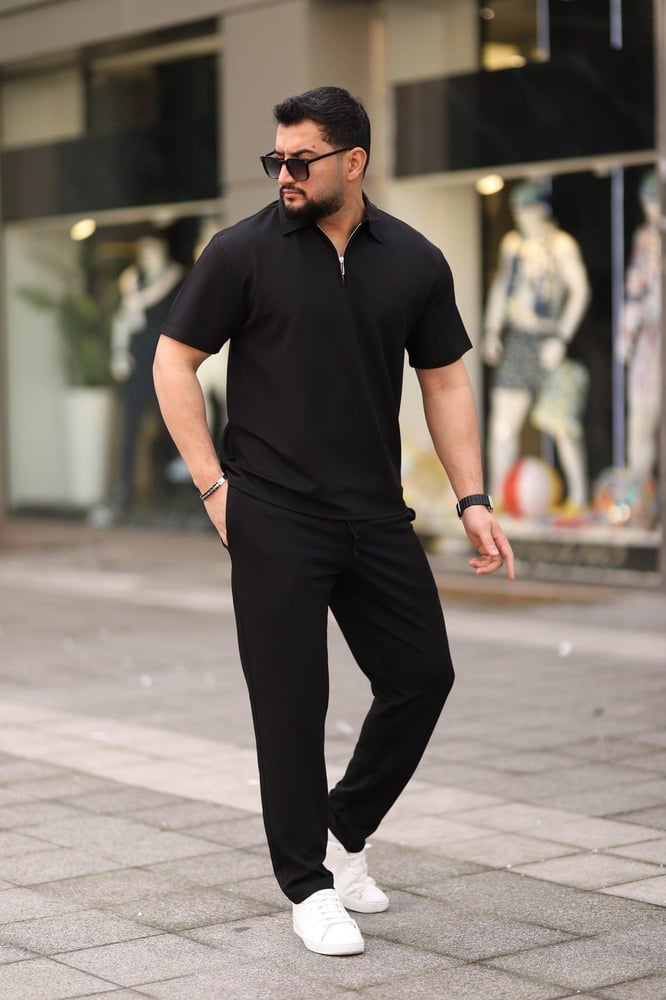 cto your style طقم علوي وسفلي للرجال بياقة بولو (تيشيرت + بنطلون)، قصة مريحة، بتفاصيل سحاب