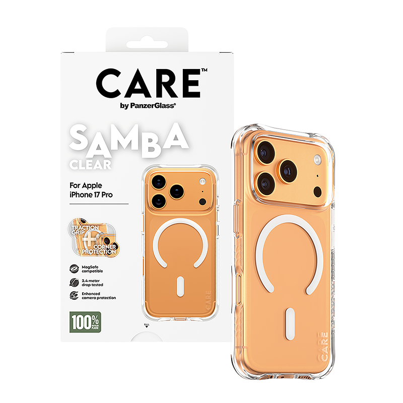 كفر حماية بانزر جلاس كير سامبا ماج سيف ابيض شفاف للايفون 17 بانواعه CARE SAMBA