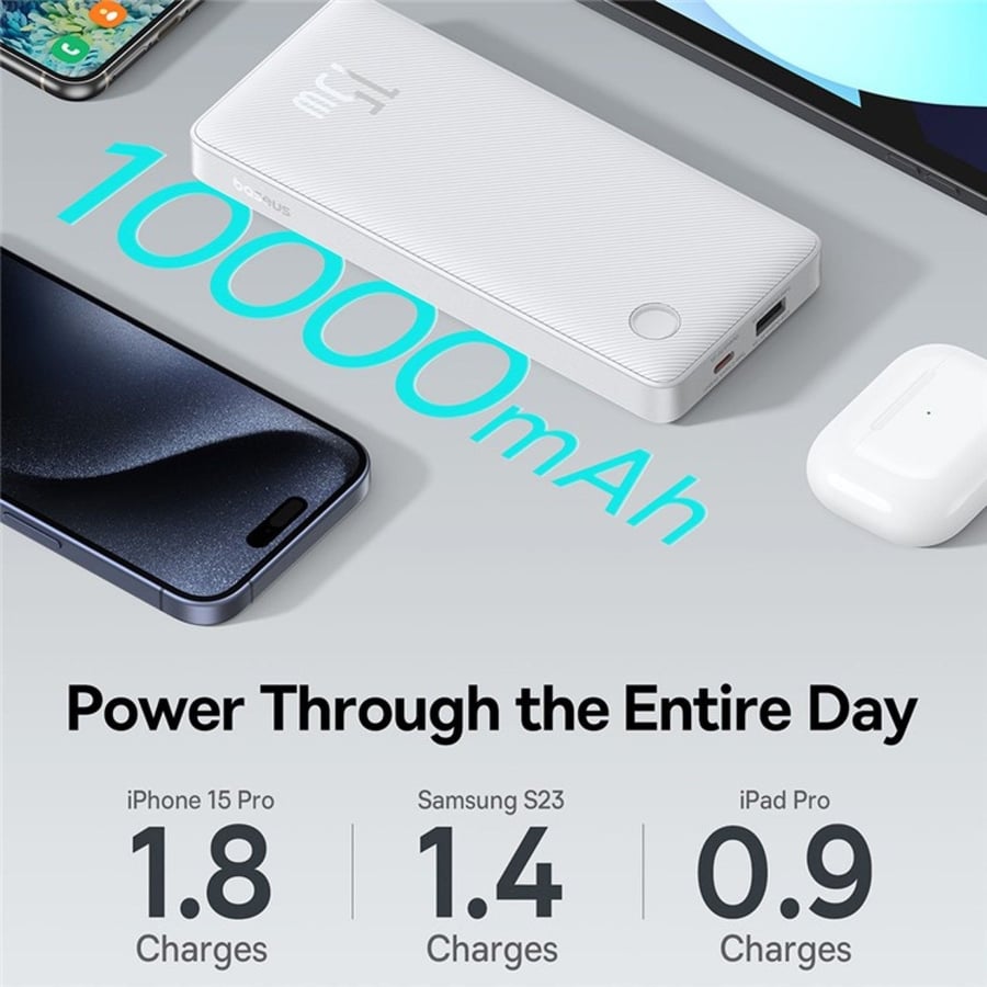 بيسوس باور بنك 15واط 10000ملي امبير ابيض-PPAP10A