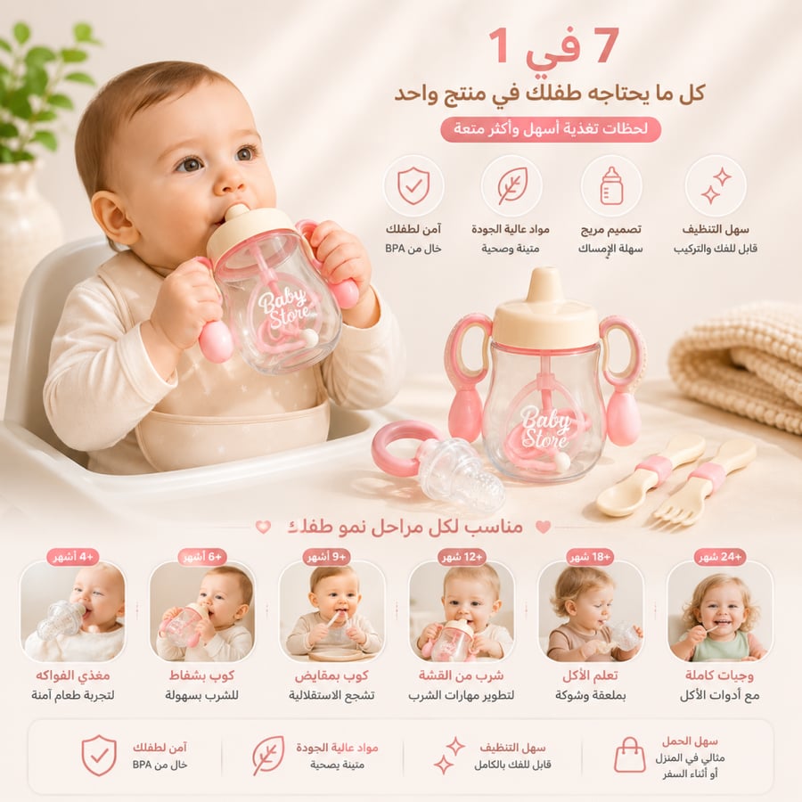 صحن طعام 7 قطع وردي