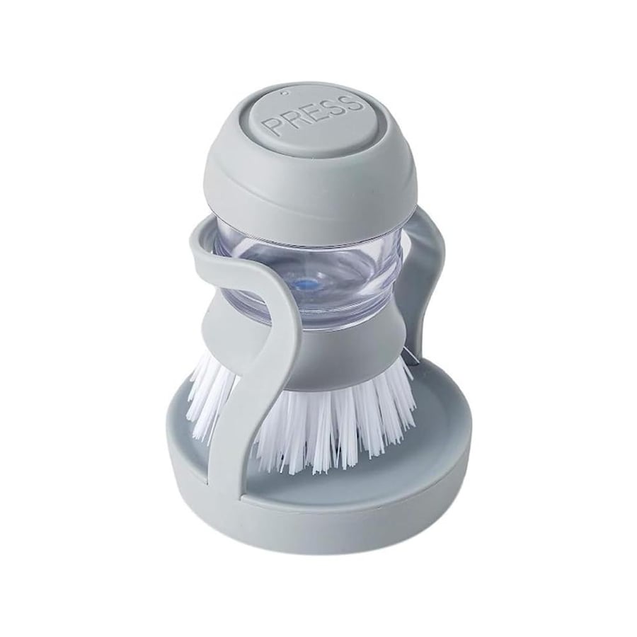 Washing Brush for Dishes Soap Dispensing Palm Scrub Brush with Drip Tray Holder Refillable Cleaning Pot Brush Multipurpose Kitchen Brush for Washing and Cleaning Dish Pan Pot Sink