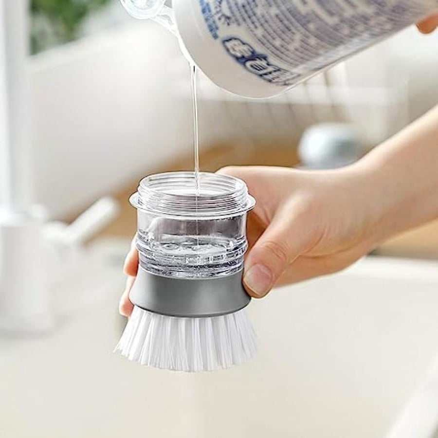 Washing Brush for Dishes Soap Dispensing Palm Scrub Brush with Drip Tray Holder Refillable Cleaning Pot Brush Multipurpose Kitchen Brush for Washing and Cleaning Dish Pan Pot Sink