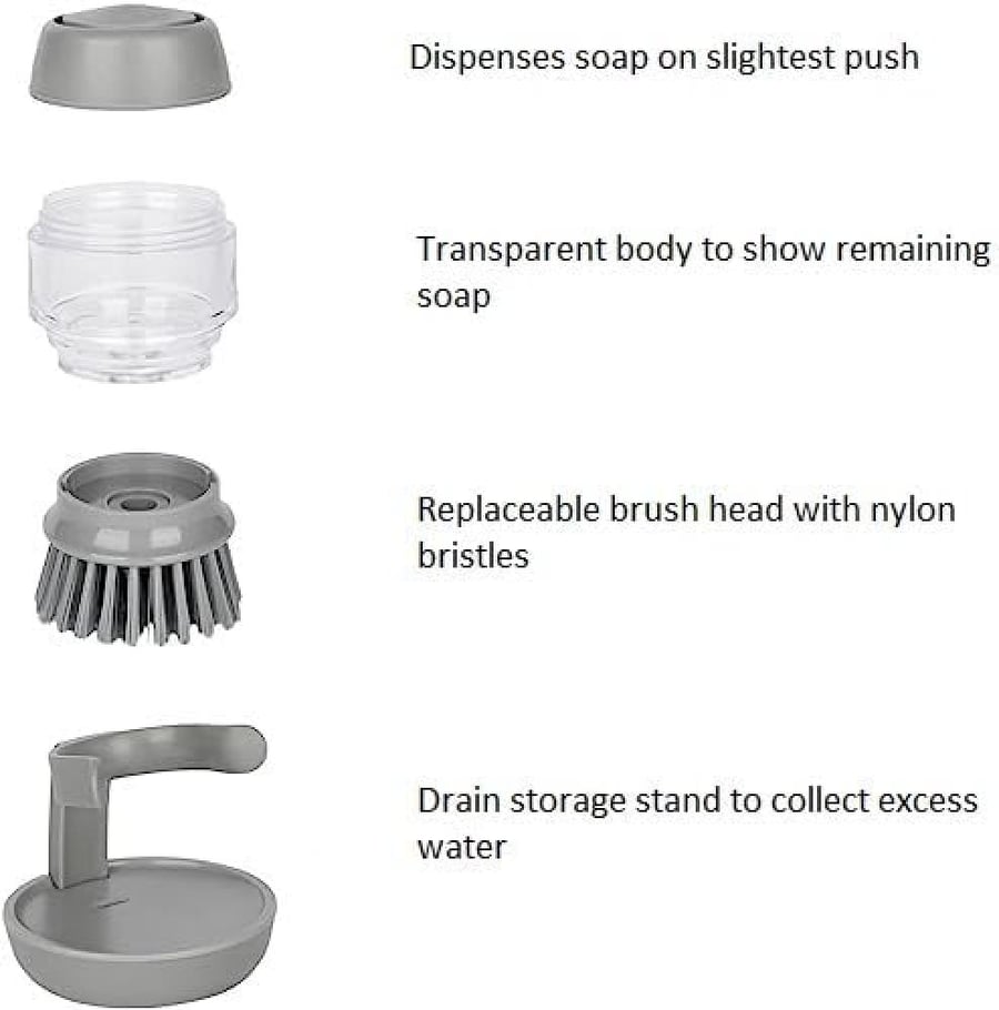 Washing Brush for Dishes Soap Dispensing Palm Scrub Brush with Drip Tray Holder Refillable Cleaning Pot Brush Multipurpose Kitchen Brush for Washing and Cleaning Dish Pan Pot Sink