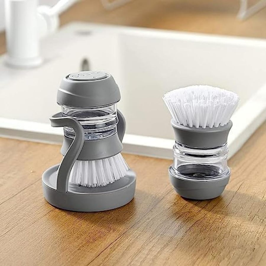 Washing Brush for Dishes Soap Dispensing Palm Scrub Brush with Drip Tray Holder Refillable Cleaning Pot Brush Multipurpose Kitchen Brush for Washing and Cleaning Dish Pan Pot Sink