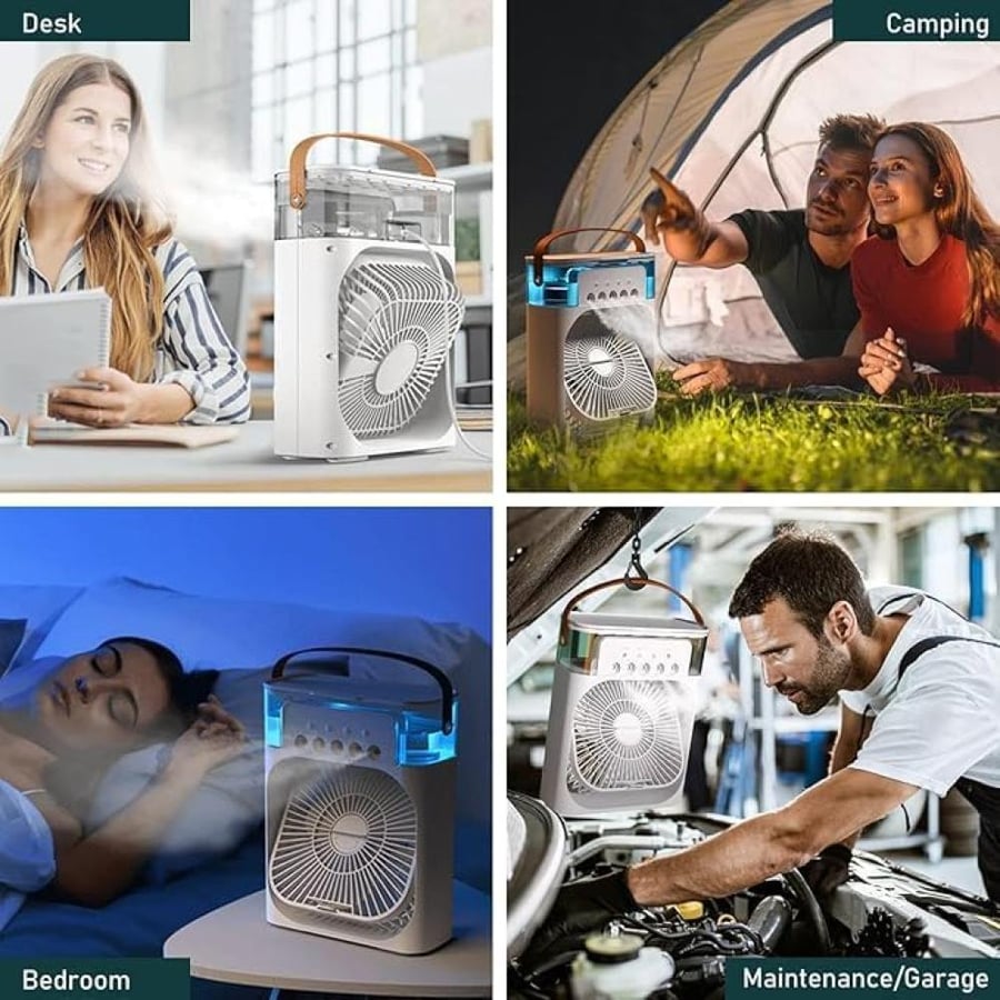 Portable Air Cooler Fan with Humidifier and 7 Color Night Light 600ml Water Tank Capacity 3 Fan Speeds 1-3 Hour Shut Down Timer USB Type-C Charging Mini Evaporating Air Conditioner Fan
