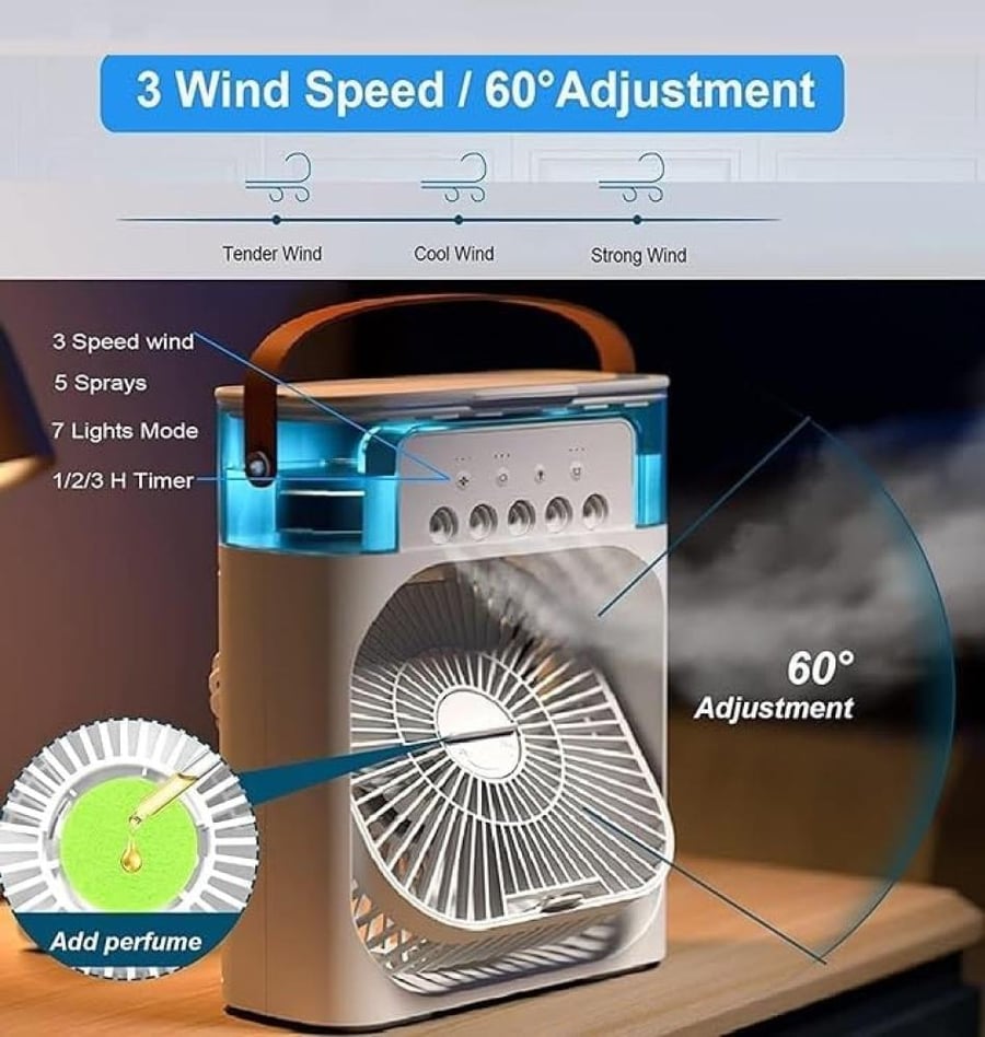 Portable Air Cooler Fan with Humidifier and 7 Color Night Light 600ml Water Tank Capacity 3 Fan Speeds 1-3 Hour Shut Down Timer USB Type-C Charging Mini Evaporating Air Conditioner Fan