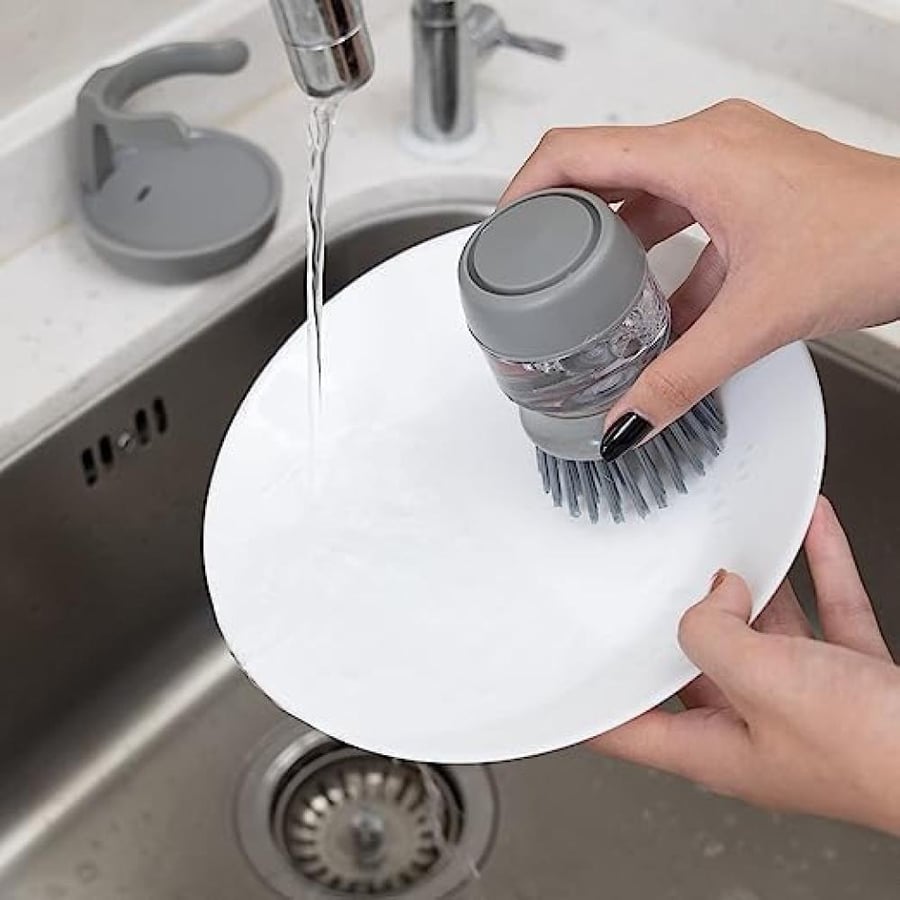 Washing Brush for Dishes Soap Dispensing Palm Scrub Brush with Drip Tray Holder Refillable Cleaning Pot Brush Multipurpose Kitchen Brush for Washing and Cleaning Dish Pan Pot Sink