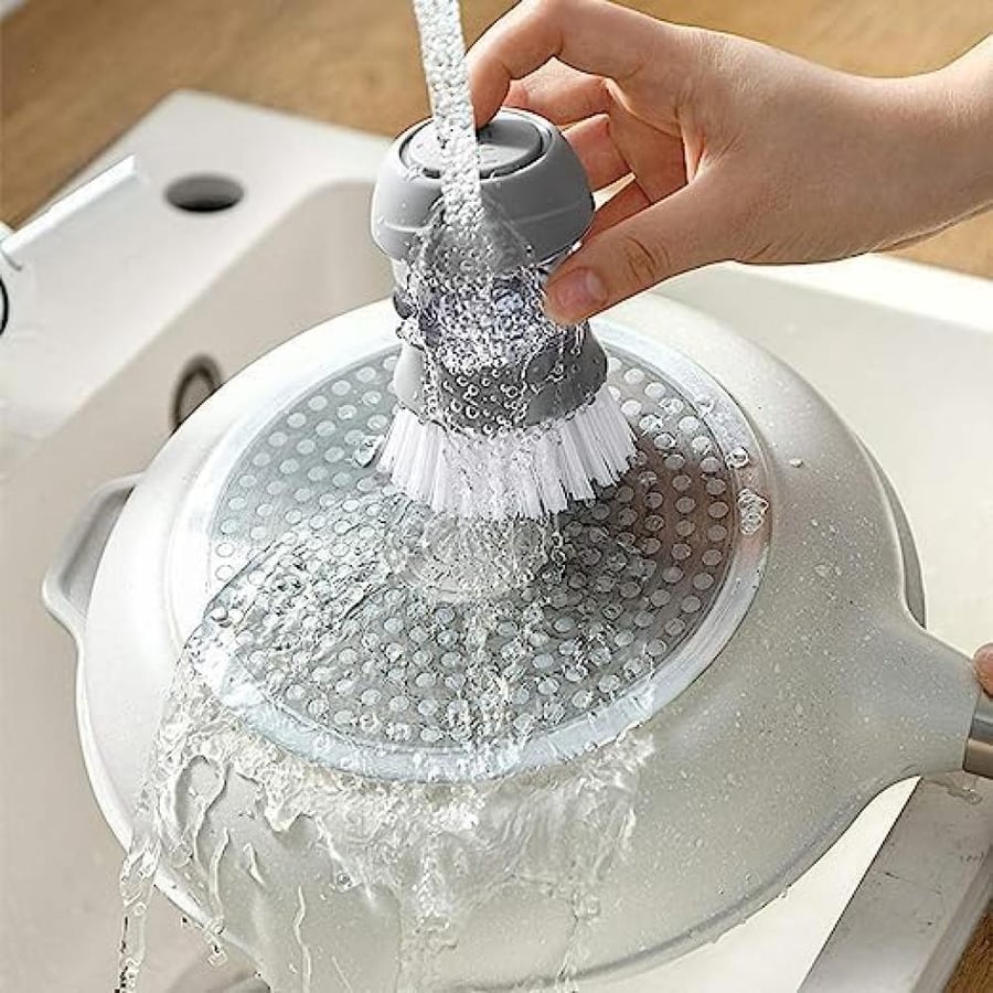 Washing Brush for Dishes Soap Dispensing Palm Scrub Brush with Drip Tray Holder Refillable Cleaning Pot Brush Multipurpose Kitchen Brush for Washing and Cleaning Dish Pan Pot Sink